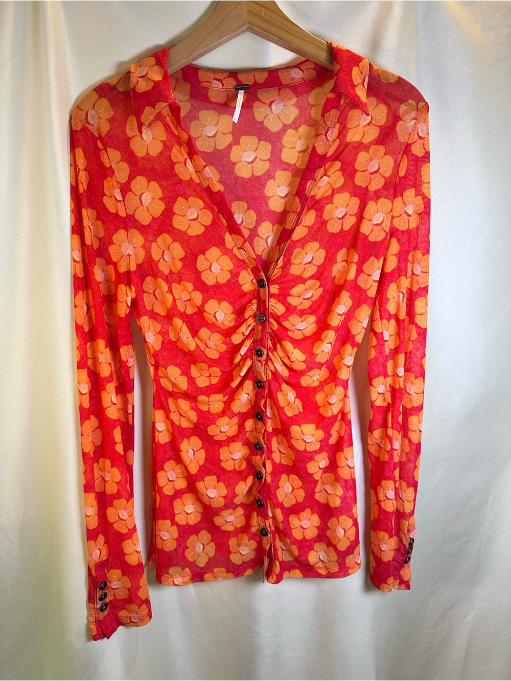 Free People lucky shirtee sheer mesh button down orange/red size large